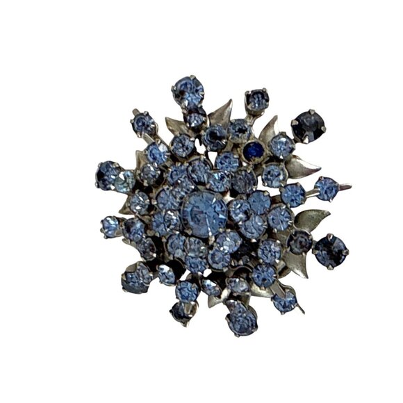 Vintage Mid Century Blue Rhinestone Starburst Brooch Pin Silvertone 1.75" - Picture 5 of 6